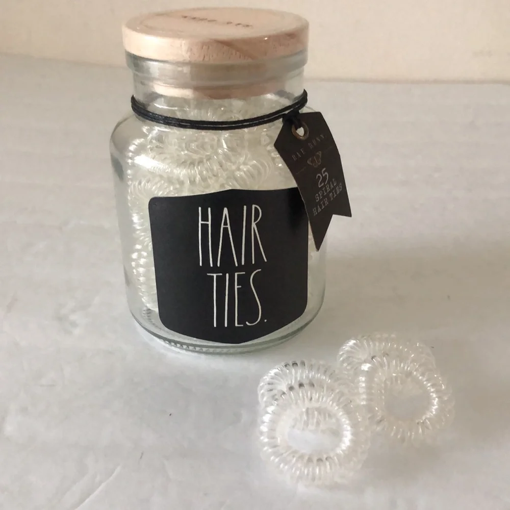RAE DUNN  Small Glass Jar With 25 Clear Spiral Hair Ties